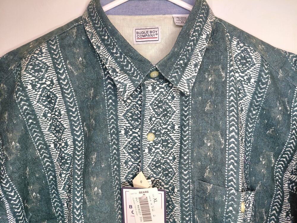 Vintage 90s Bugle Boy Co Shirt Mens XL Green Aztec Tribal Geometric Ramie Cotton